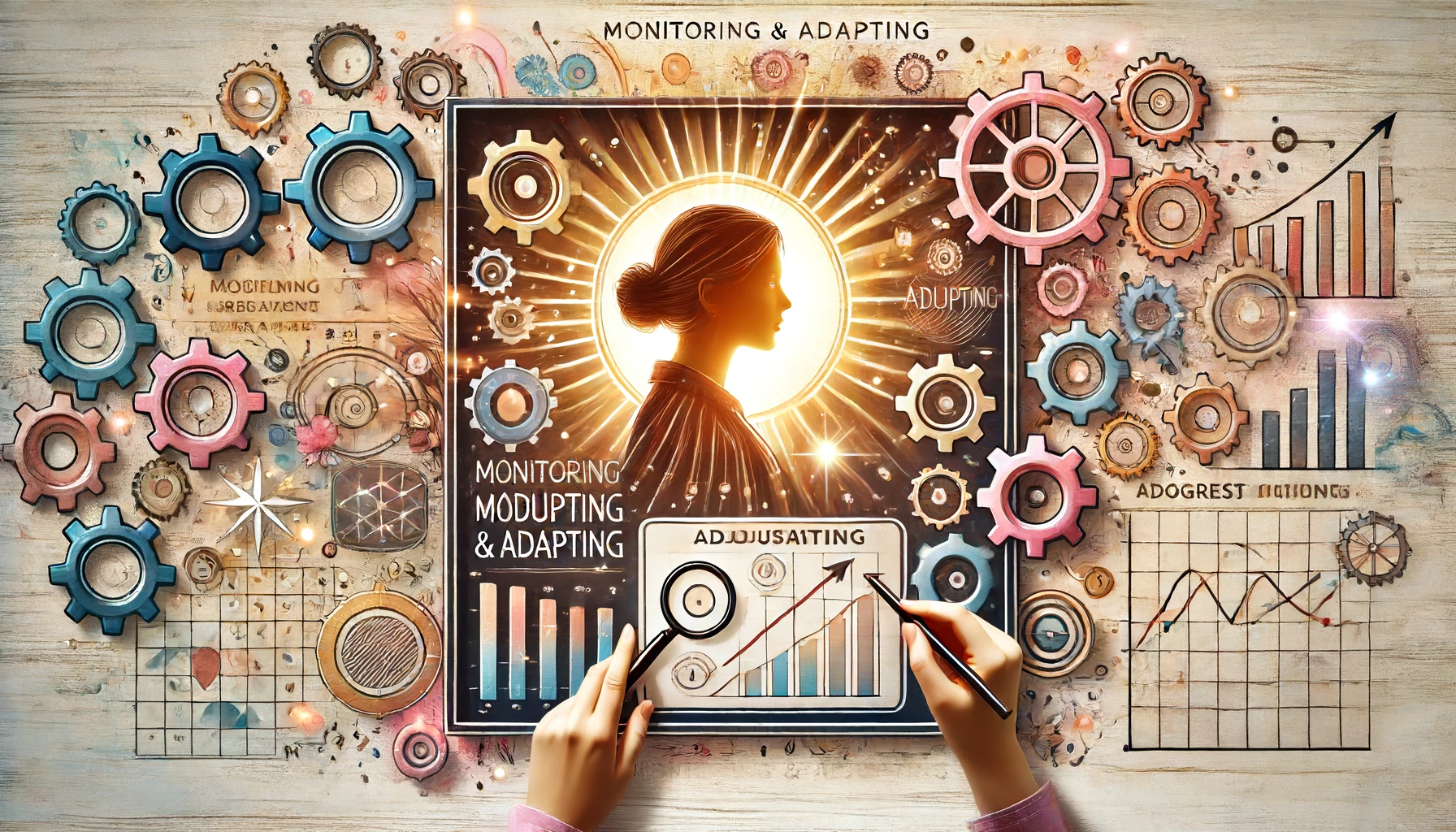 Questa immagine rappresenta il concetto di monitorare e adattare le tue strategie. Con una figura femminile che rivede un piano o un tracker di progressi, circondata da simboli come ingranaggi, grafici e percorsi per rappresentare l'aggiustamento e la crescita, l'immagine include anche una lente d'ingrandimento per simboleggiare la revisione dettagliata. Ideale per contenuti sulla gestione delle strategie, la concentrazione sugli obiettivi e la crescita personale.